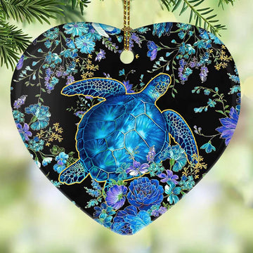 Turtle Lover Blue Flowers Ceramic Ornament