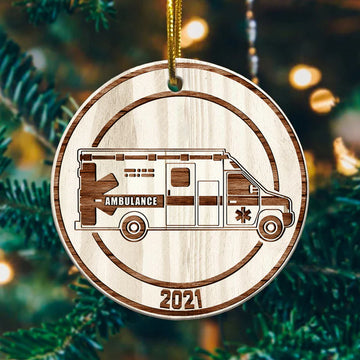 Wooden Style Ambulance Medical Vehicle Personalized Ceramic Ornament