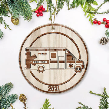 Wooden Style Ambulance Medical Vehicle Personalized Ceramic Ornament