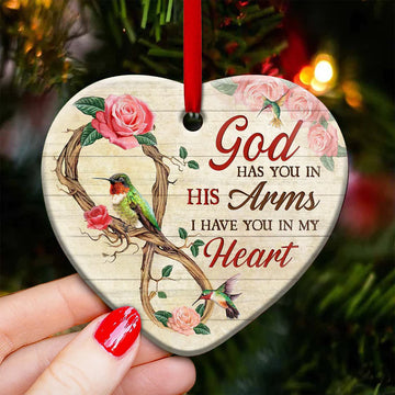 Hummingbird memorial God has you in his arms i have you in my heart Ceramic Ornament