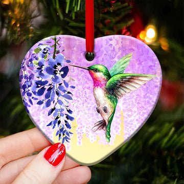 Hummingbird Flower Watercolor Ceramic Ornament