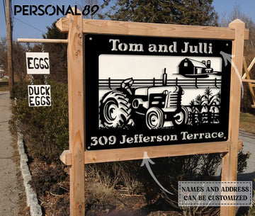 Farmer tractor in field - Personalized Metal House Sign