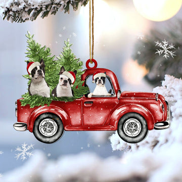 Boston terrier Red Car Christmas Ornament