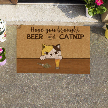 Staring Cat, Hope You Brought Beer And Catnip Personalized Doormat HQ