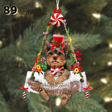 Yorkshire terrier hugging wood Merry Christmas - One Sided Ornament