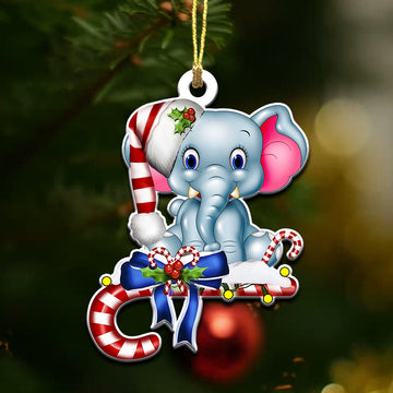 Elephant Adorable sitting on Christmas candy - 2 sided ornament