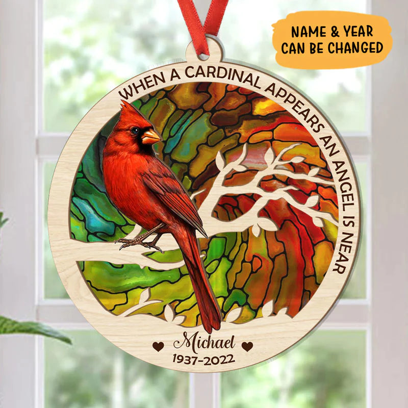 Personalized Memorial Red Cardinal Suncatcher Ornament, Custom Memorial Gift, Christmas Decor Suncatcher Ornament