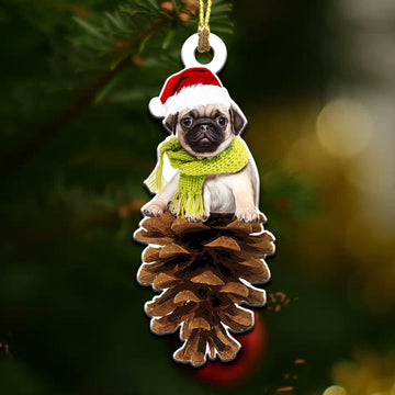 Pug Sitting on Christmas pine cone - 2 sided ornament
