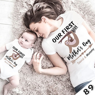 Family mommy and baby matching shirt Our First Mother's Day Sloth