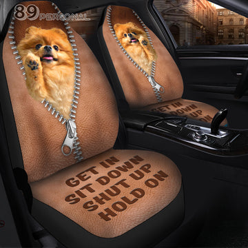 Pomeranian get in sit down shut up hold on car seat covers