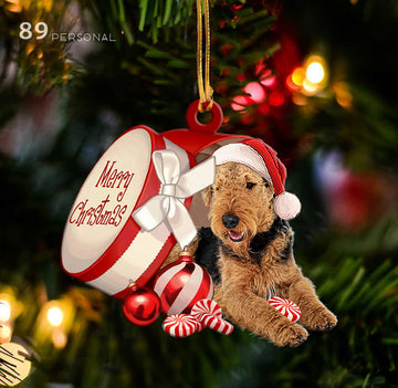 Airedale Terrier out of Merry Christmas box - Shaped two sides ornament