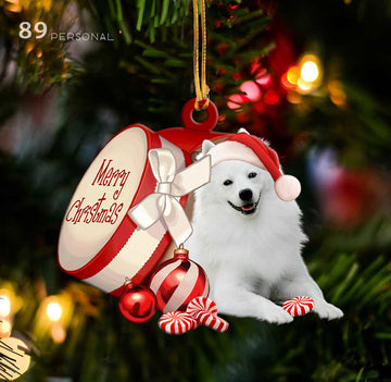 American Eskimo Dog out of Merry Christmas box - Shaped two sides ornament