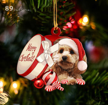 Cockapoo out of Merry Christmas box - Shaped two sides ornament