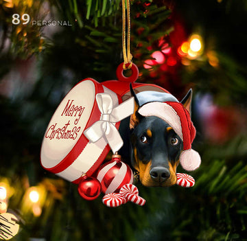 Doberman Pinscher out of Merry Christmas box - Shaped two sides ornament
