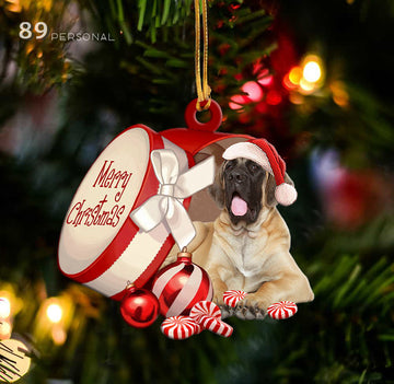 English Mastiff out of Merry Christmas box - Shaped two sides ornament