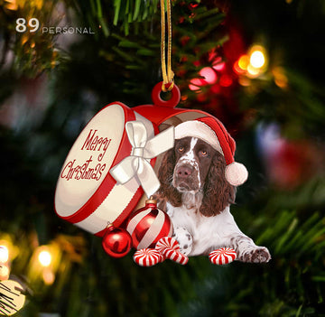 English Springer Spaniel out of Merry Christmas box - Shaped two sides ornament