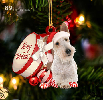 Wire Fox Terrier out of Merry Christmas box - Shaped two sides ornament