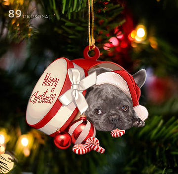 French bulldog out of Merry Christmas box - Shaped two sides ornament