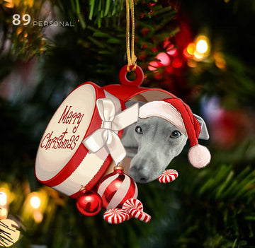 Greyhound out of Merry Christmas box - Shaped two sides ornament