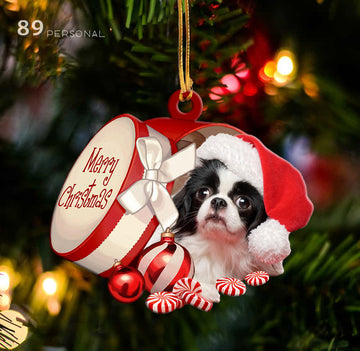 Japanese Chin out of Merry Christmas box - Shaped two sides ornament