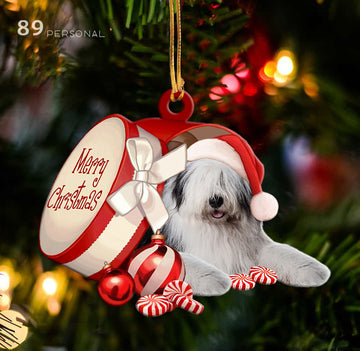 Old English Sheepdog out of Merry Christmas box - Shaped two sides ornament