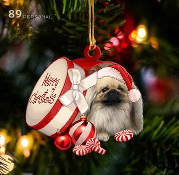 Pekingese out of Merry Christmas box - Shaped two sides ornament