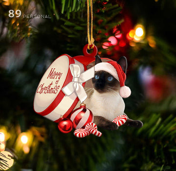 Siamese Cat out of Merry Christmas box - Two sides ornament