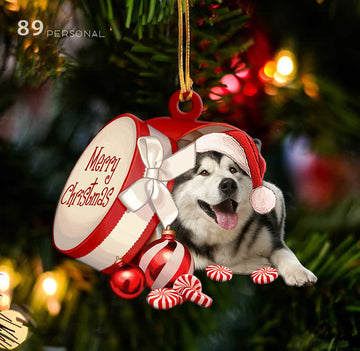 Alaskan Malamute out of Merry Christmas box - Shaped two sides ornament