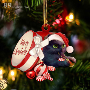 Black cat out of Merry Christmas box - Shaped two sides ornament