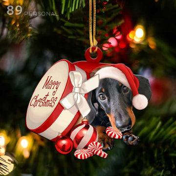Dachshund out of Merry Christmas box - Shaped two sides ornament