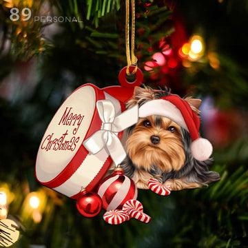 Yorkshire terrier out of Merry Christmas box - Shaped two sides ornament