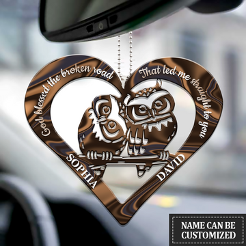 Owl Couple Heart God Blessed Personalized Name - Two Sided Ornament
