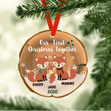 Fox Family Our First Christmas Together Custom Wood Ornament