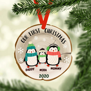 Penguin Family Our First Christmas Custom Wood Ornament