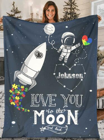 Love You To The Moon And Back Autism Personalized Fleece Blanket