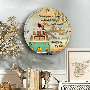 I Just Want Peace Happy Times & Dogs Cats Always By My Side Dog Cat Lovers Personalized Wooden Clock