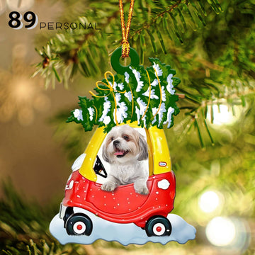 Shih tzu carrying a Christmas tree - One Sided Ornament