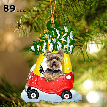Yorkshire terrier carrying a Christmas tree - One Sided Ornament