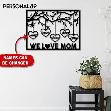 We love mom Tree - Up to 7 name hearts  - Personalized Metal House Sign