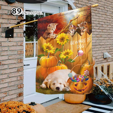 Golden Retriever Beware Of Dog Cats Halloween - House Flag Garden Flag