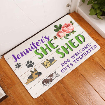 My She Shed Dogs Welcome Guys Tolerated Dog Lovers Personalized Doormat