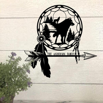 Wolf Lovers Personalized Meta Sign Dream Catcher Native American House Sign