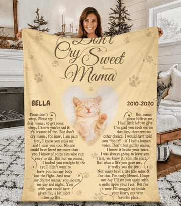 Don't cry sweet mama Personalized Fleece Blanket for Cat Lover