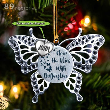 Now he flies with butterflies Widow 2 sides Plastic Ornament