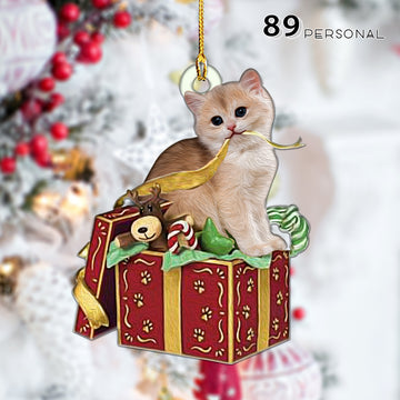 Cat Jump Out From A Gift Christmas Holiday - One Sided Ornament