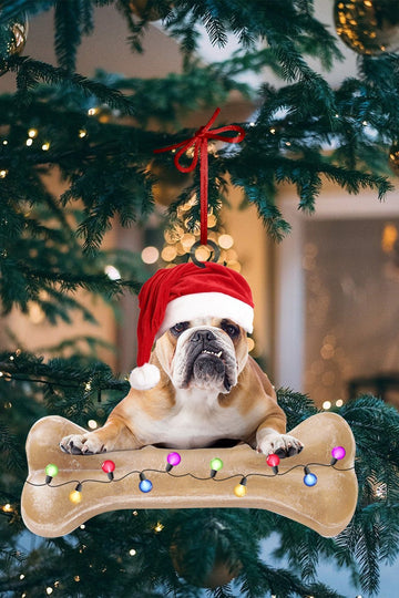 English Bulldog on twinkle light bone Shape Ornament