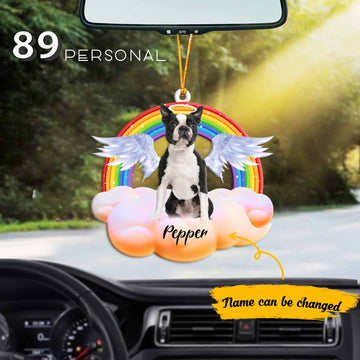 Boston Terrier With Angel Wings Cloudy Rainbow Personalized - One Sided Ornament