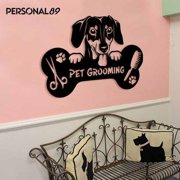 Cute Dachshund Pet Grooming Shop - Personalized Cut Metal Sign
