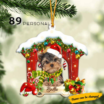 Yorkshire terrier red wood house Christmas personalized - One Sided Ornament