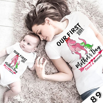 Family mommy and baby boy matching shirt Our First Mother's Day Dinosaurus
